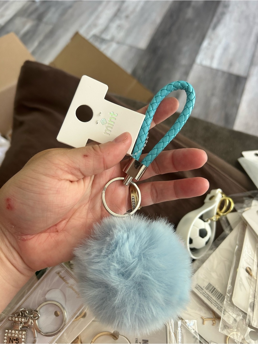 4/!50 Blue Faux Fur Pom Pom Keychain with Braided Loop